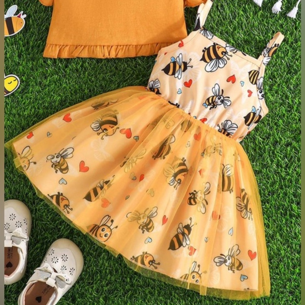Charming Bee Print Kids Dress in Yellow